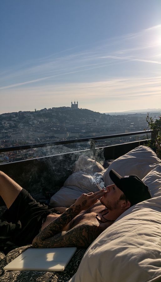 A hazy view over a city from a balcony