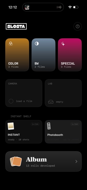 The SLOSTA home screen — COLOR, B&W and SPECIAL film categories, a camera and lab slot, the instant shelf, and the album of developed rolls