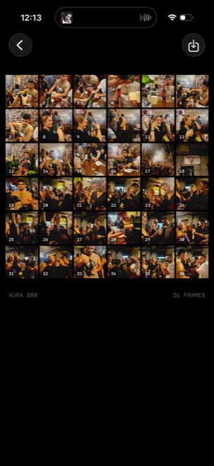 SLOSTA contact sheet — the 'Shelf' view of a developed AURA 800 roll, all 36 real frames revealed together in a grid