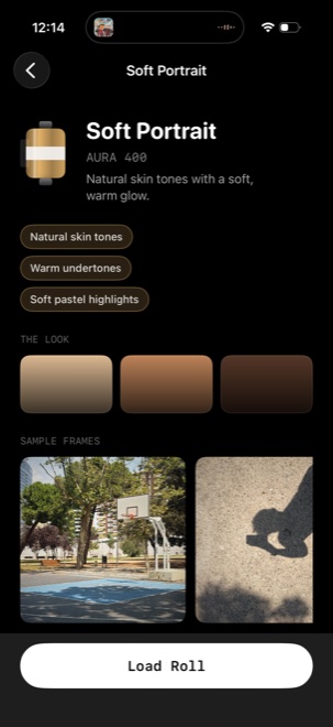 SLOSTA film-stock detail — 'Soft Portrait / AURA 400 · natural skin tones with a soft, warm glow', with look swatches and sample frames