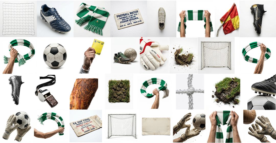 A reference grid of football kit, boots, a ball, scarves, grass and hands, shot as source material