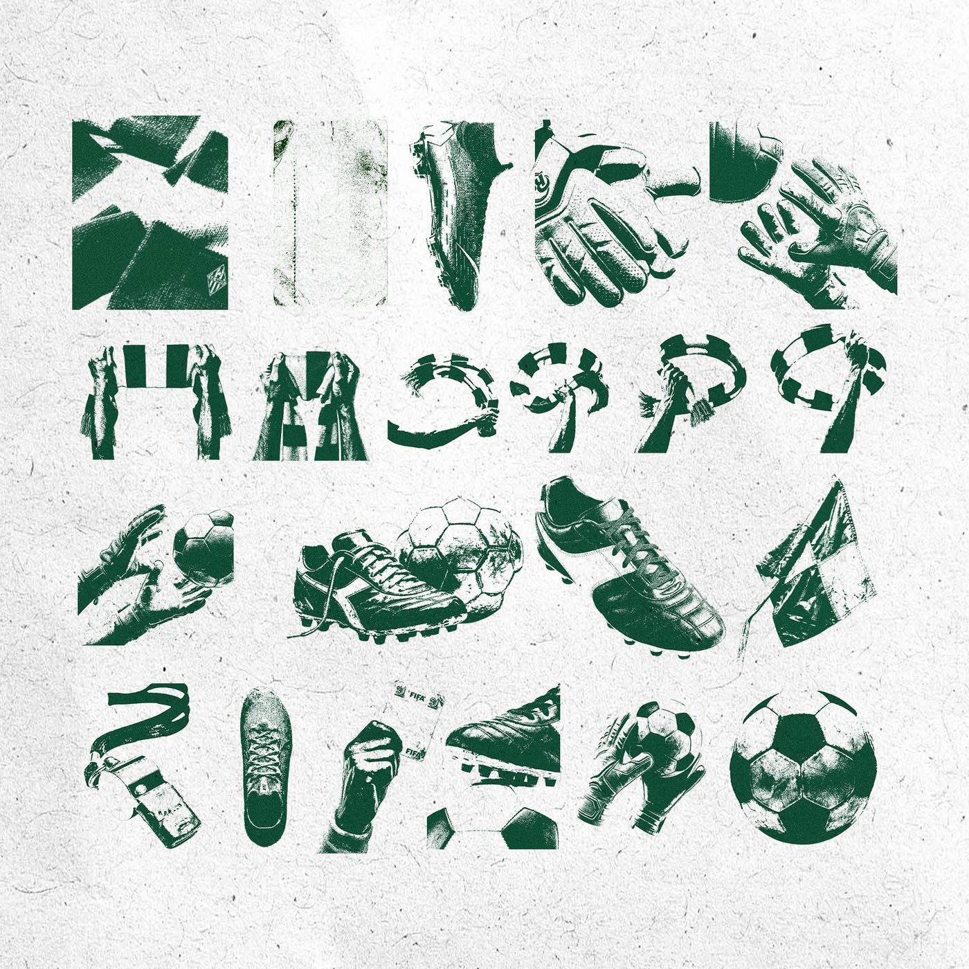 The same objects redrawn as flat green cut-out shapes on textured paper