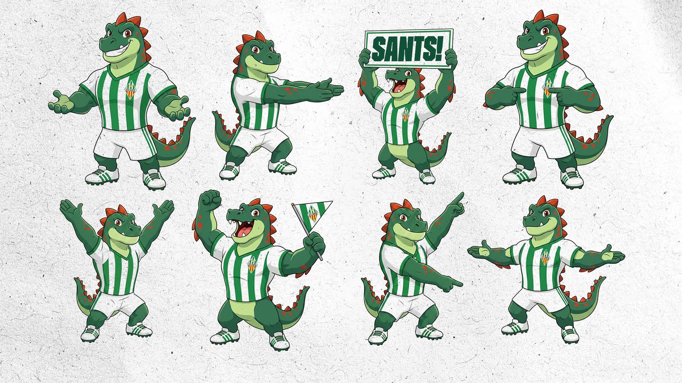 A sheet of the dragon mascot in nine poses, one holding a 'Sants!' sign