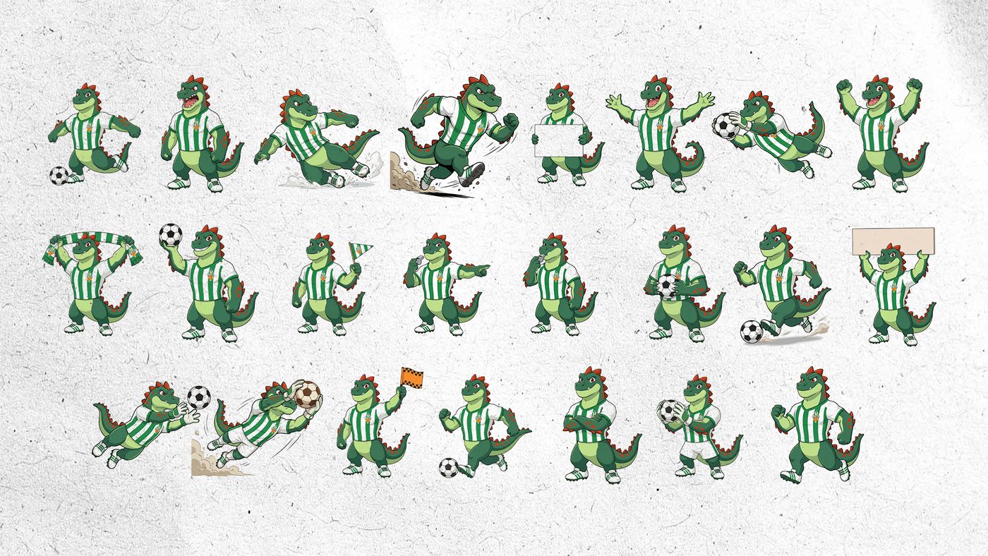 A wider pose sheet of the mascot — running, celebrating and holding club props