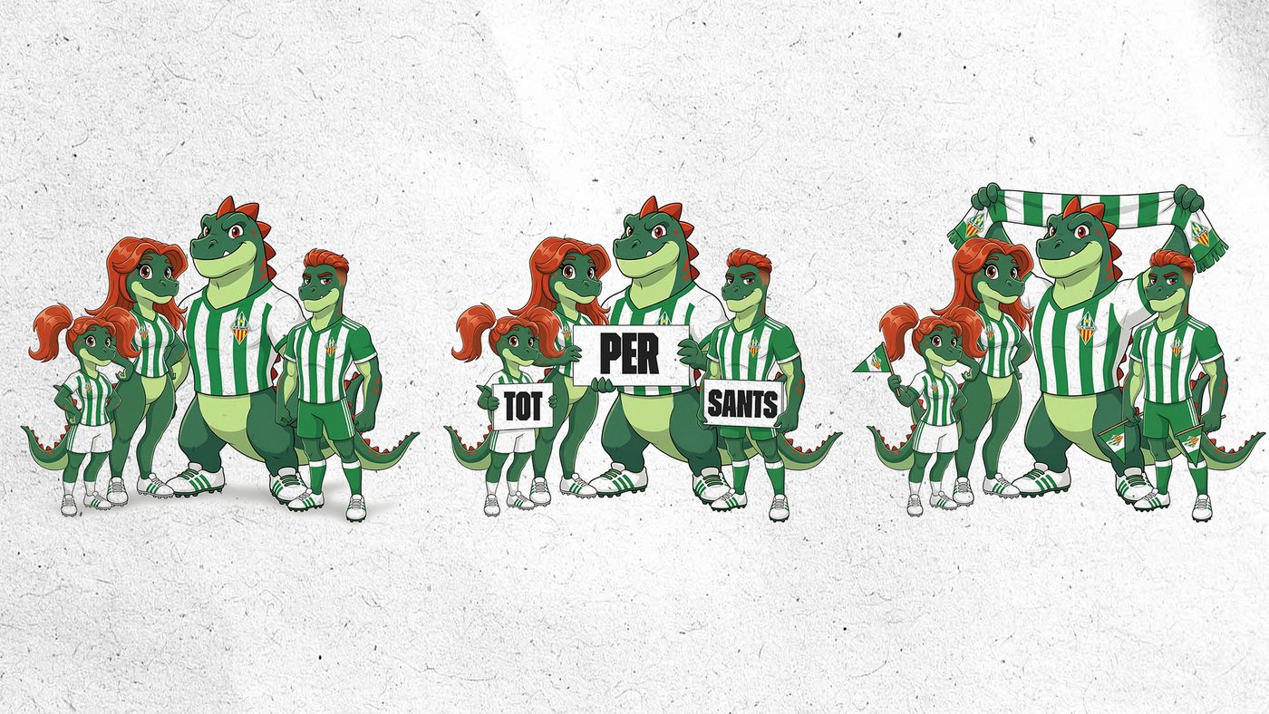 Mascot group scenes with the slogan 'Tot per Sants'