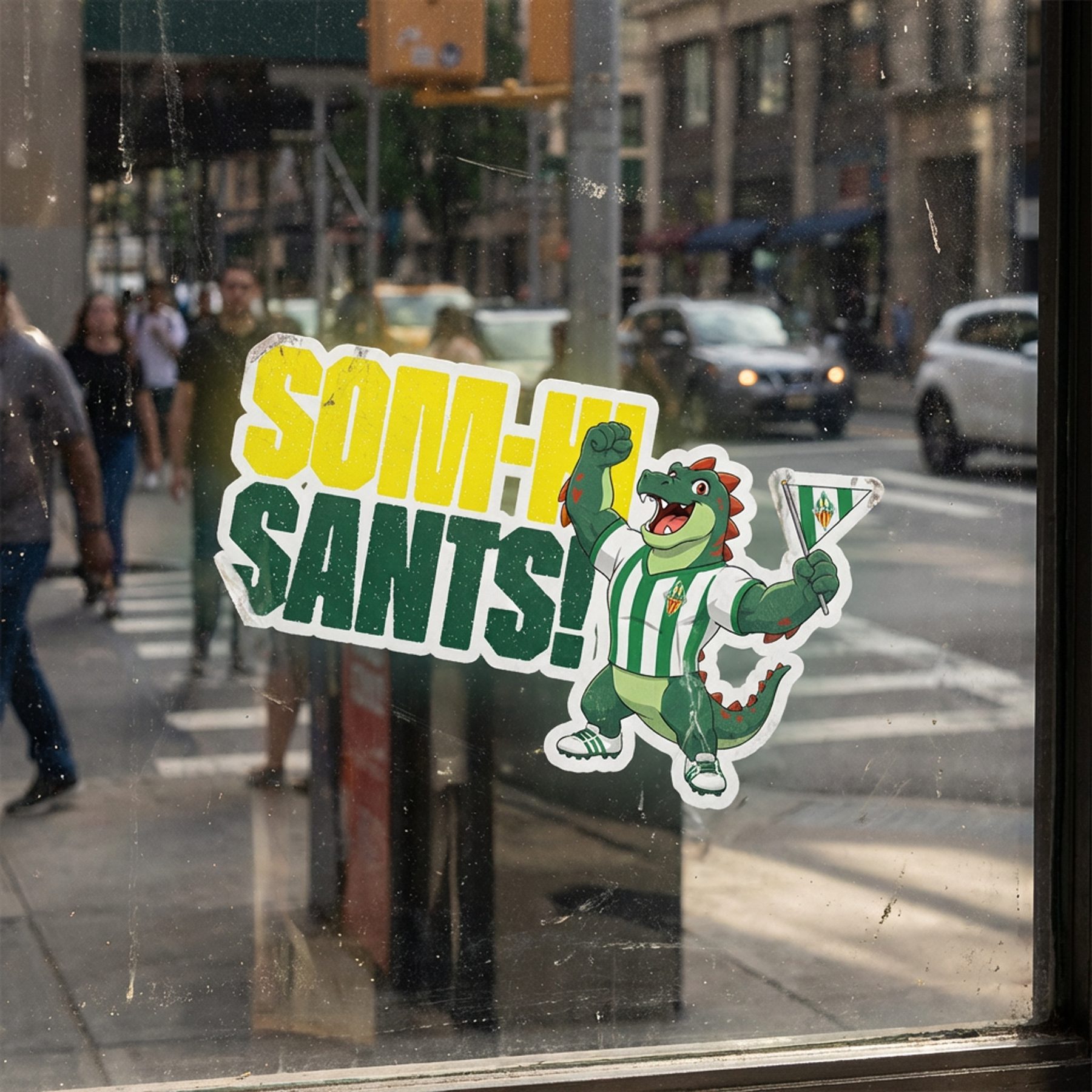 A 'Som-hi Sants!' sticker on a shop window in the neighbourhood
