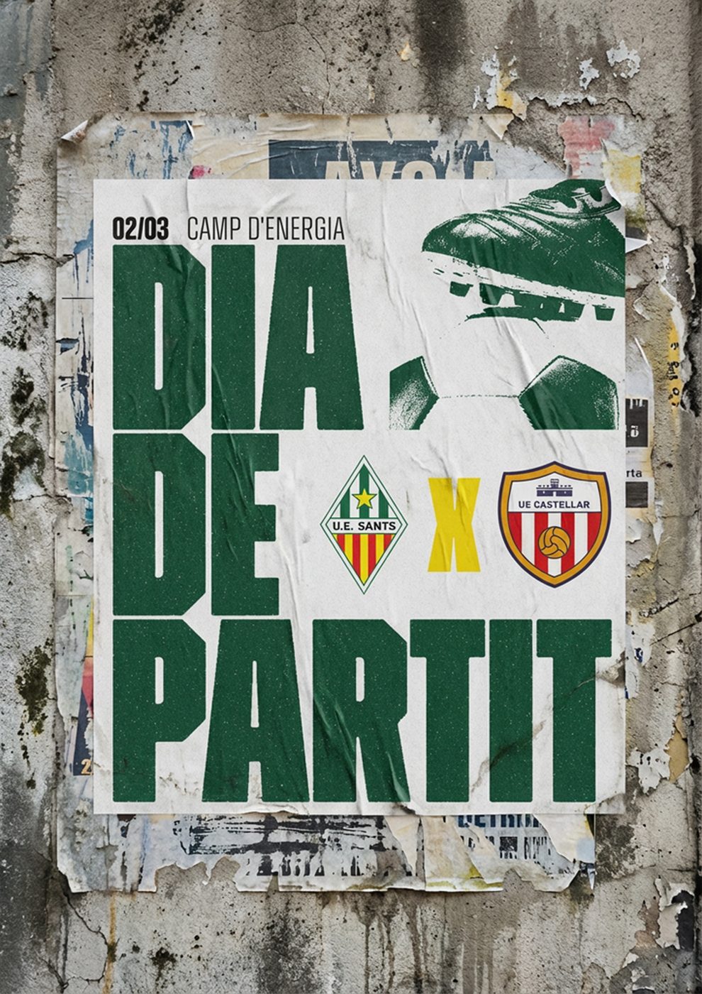 A 'Dia de partit' match-day poster pasted on a weathered wall, carrying both club crests