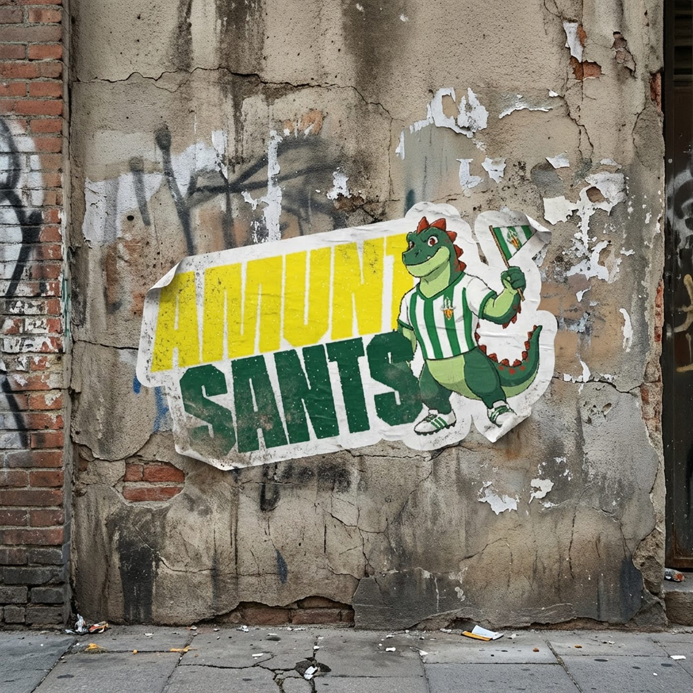 An 'Amunt Sants' paste-up with the mascot on a brick wall