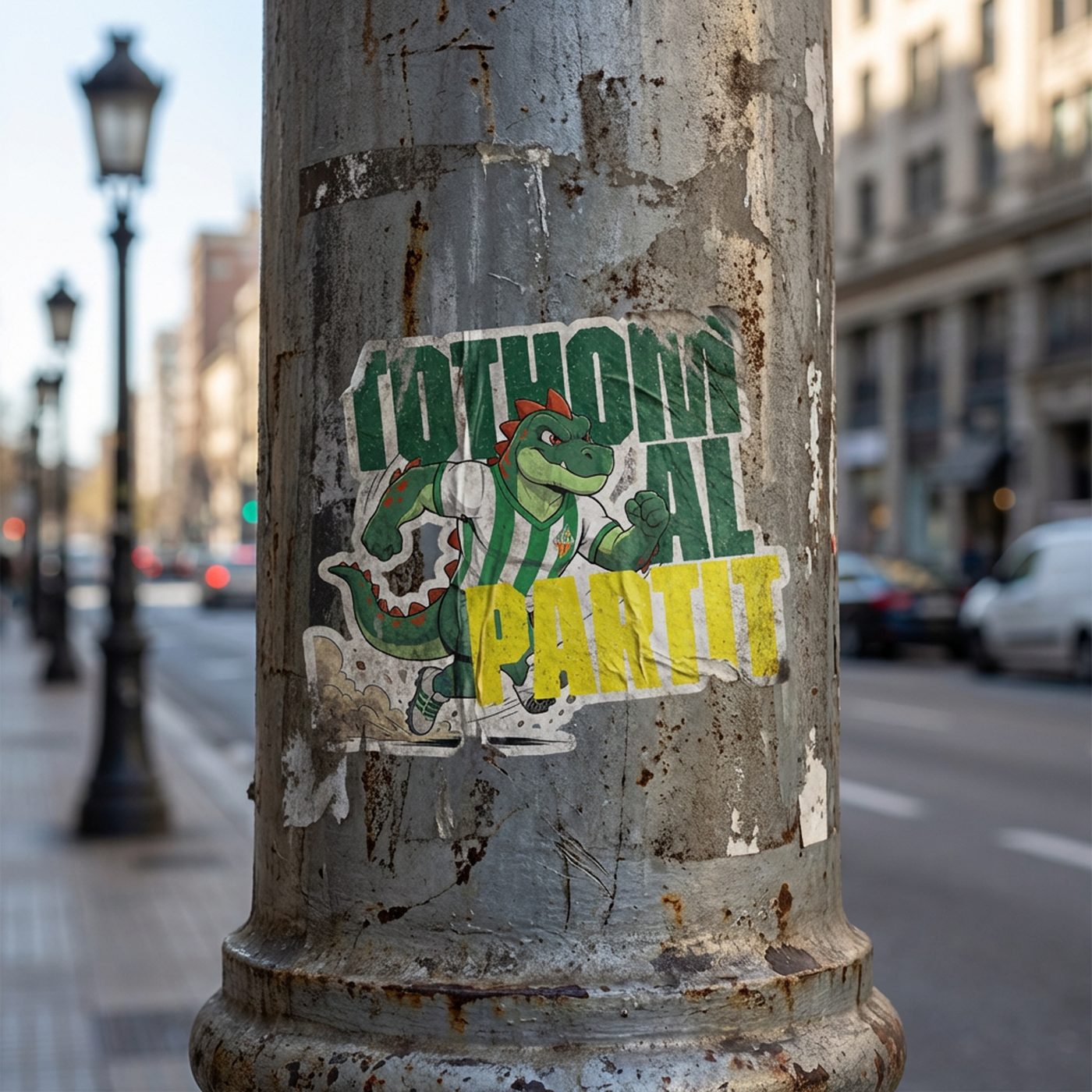 A 'Tothom al partit' poster wrapped around a street column