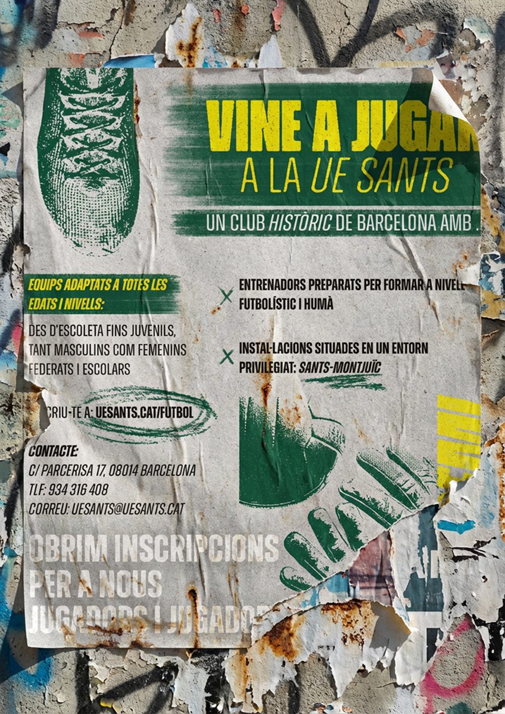 A recruitment poster — 'Vine a jugar a la UE Sants' with the club's details