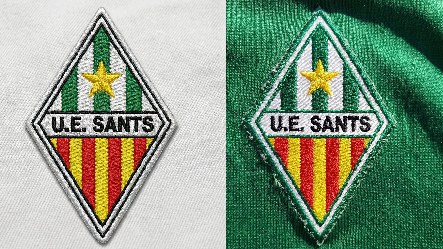The club crest embroidered on white and on green fabric, side by side